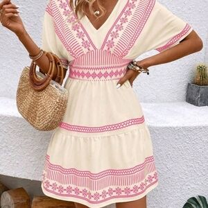 Women's Color-Blocking Printed V-Neck Simple Daily Dress